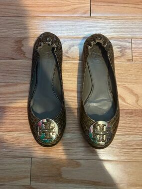 Tory Burch Snake Skin Metallic Gold Reva Ballet Flats